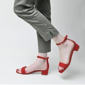 XYD Deep Red Open Toe Ankle Strap Buckled Low Chunky Heel Dress Sandal
